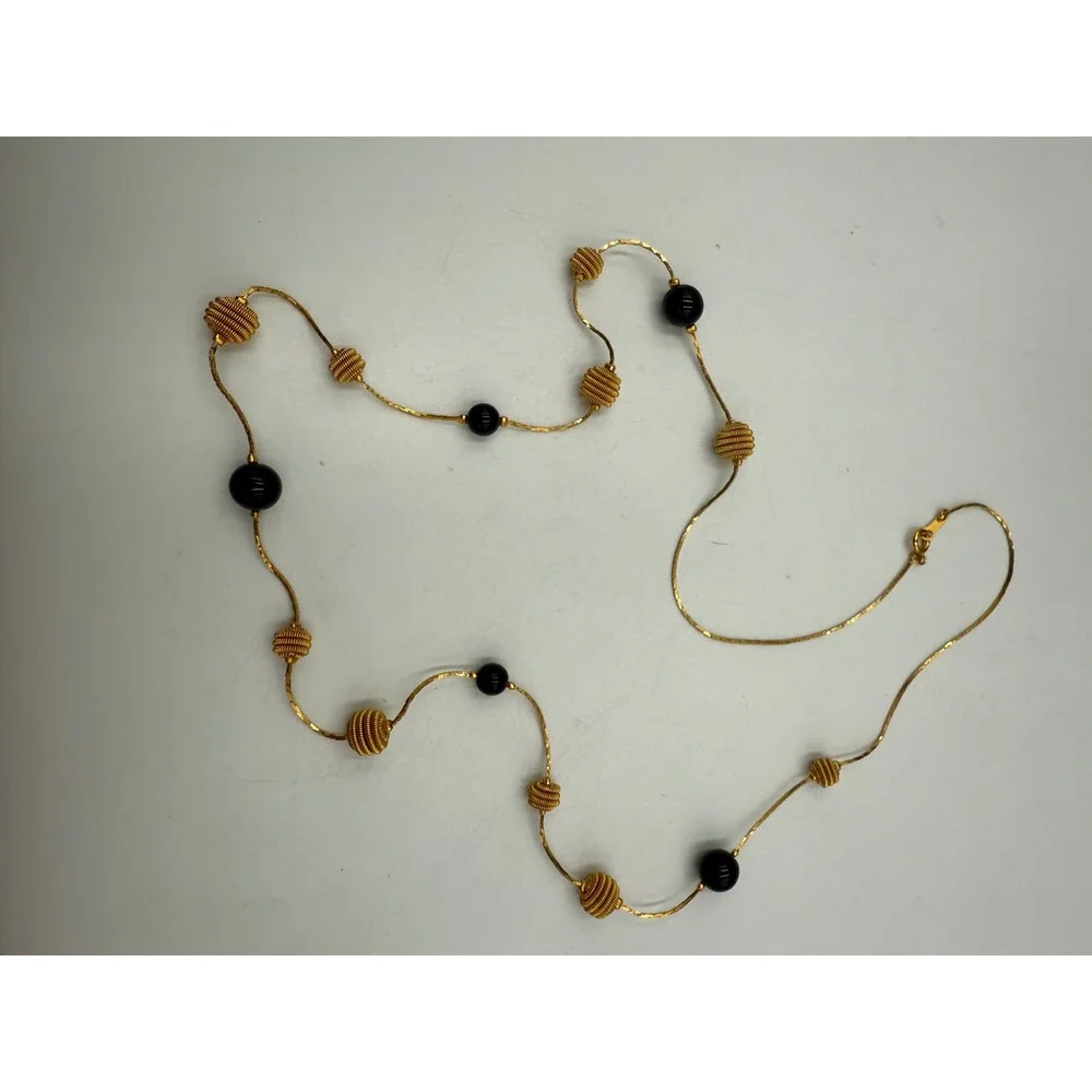 Vintage Gold Tone Station Necklace with Black Beads and Coiled Wire Accents